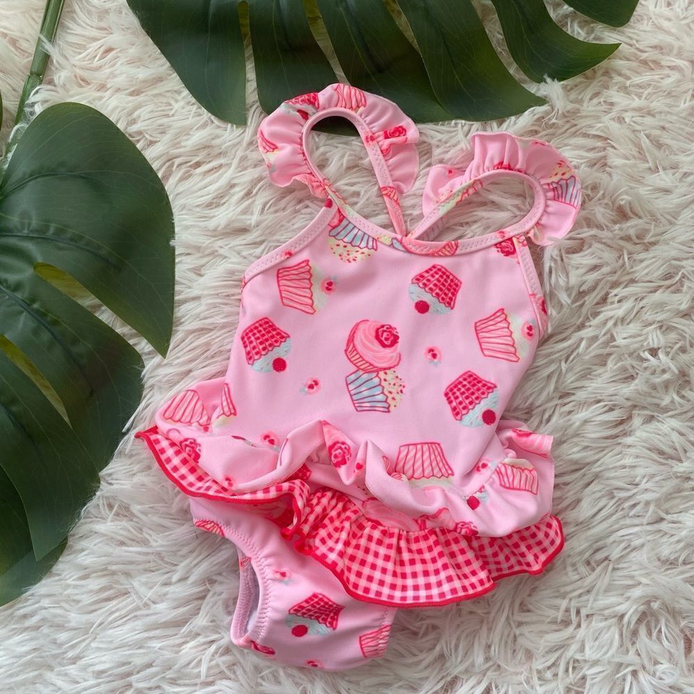 Sunuva NWOT Pink Cupcake Ruffle Gingham Baby One peice Swimsuit 3-6 mo